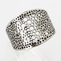 Bague or et diamants Lune. Demi anneau large ajouré avec côtés sertis de diamants - or 18 carats