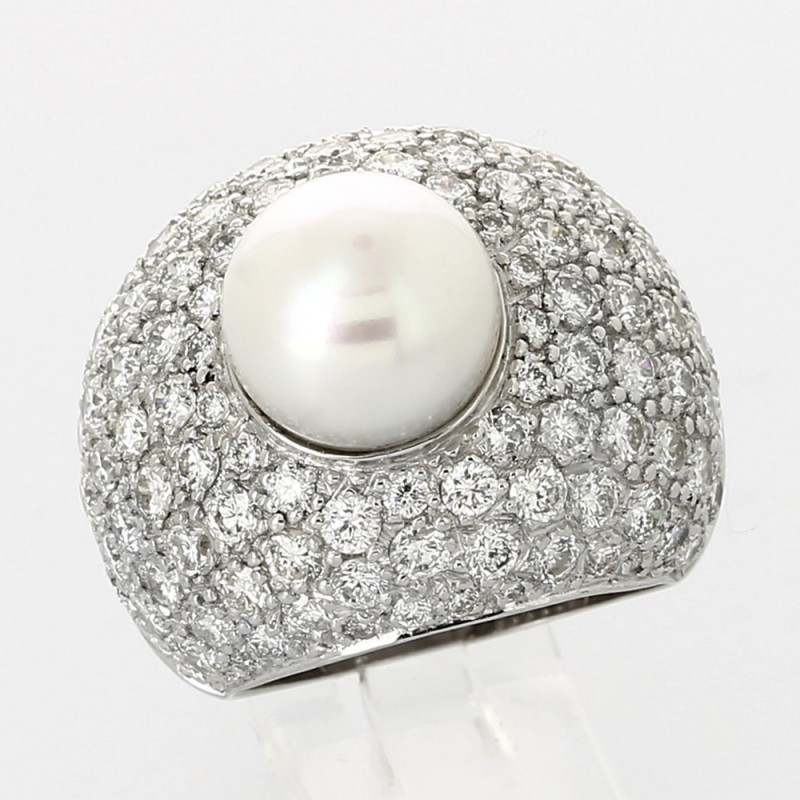 Bague jonc pavée avec une perle de 10 mm diamants 4,28 carats-or 18 carats