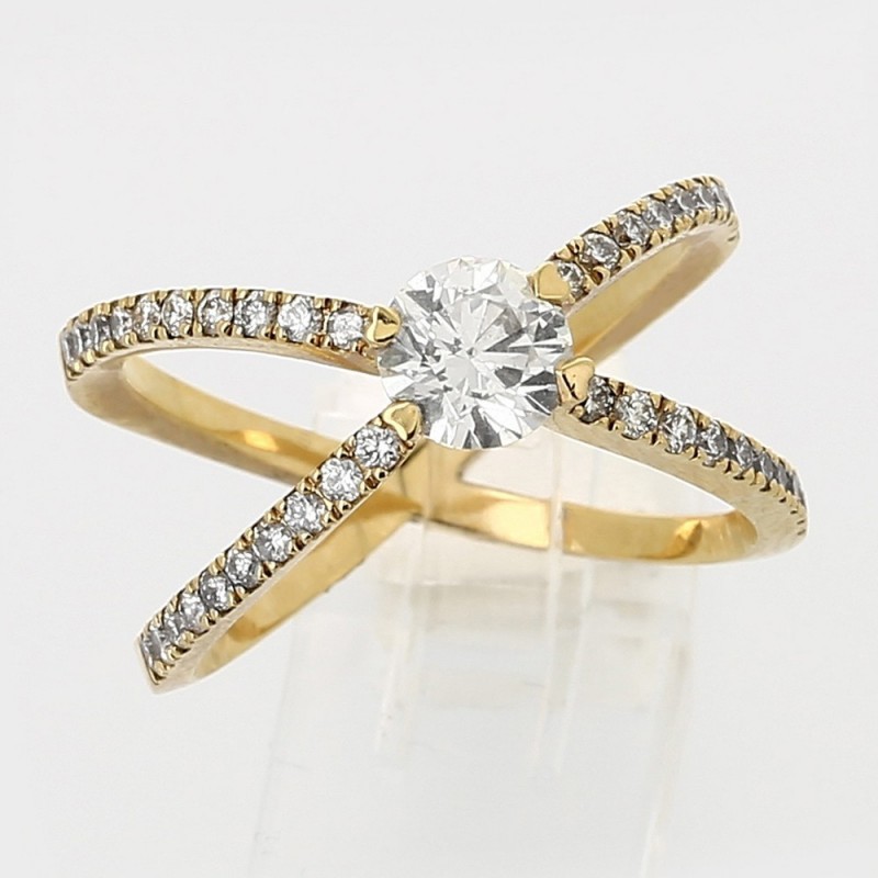 Solitaire papillon diamant rond 0,65 carat serti griffes et pavage diamant - or 18 carats 