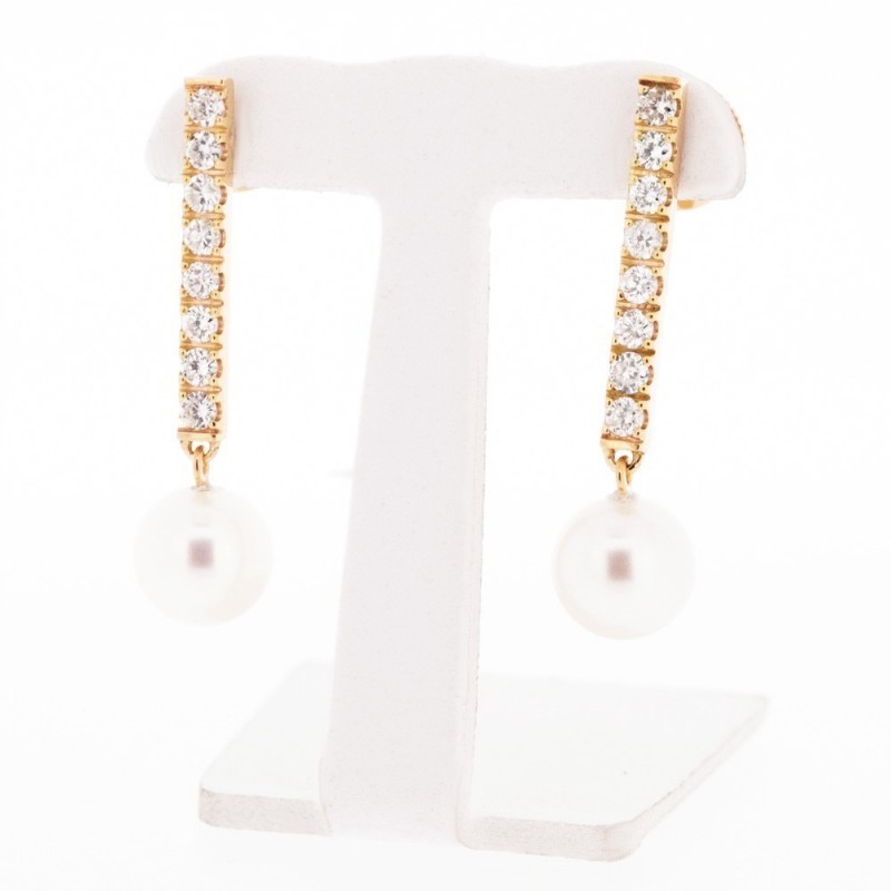 Boucles d'oreilles pendantes en or rose 18 carats pavées de diamants et montées de 2 perles