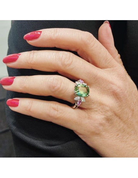 Bague or, diamants, tourmaline verte et saphirs roses Comtesse - or 18 carats
