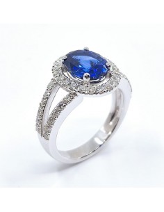 Bague or , saphir et diamants Olympe. Saphir de 2,60 ct sur corps double fourche - or 18 carats