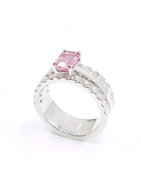 Bague or et diamants Mira SR. Corps ruban large 2 rangées de diamant et saphir rose RPC - or 18 carats