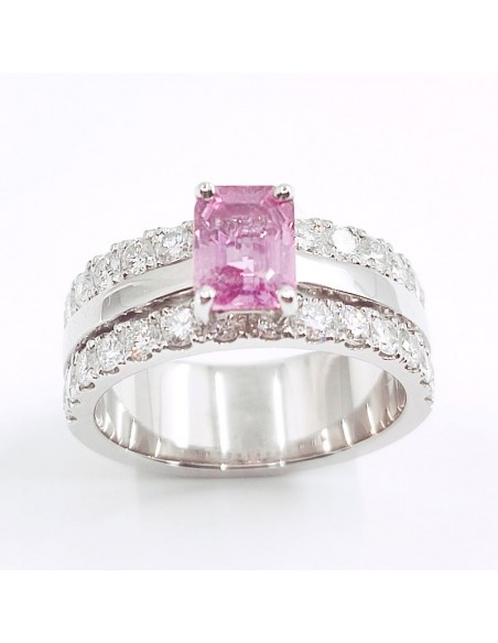 Bague or et diamants Mira SR. Corps ruban large 2 rangées de diamant et saphir rose RPC - or 18 carats