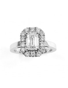 Solitaire or et diamant Sélène. Solitaire avec entourage, un diamant taille émeraude de 1ct. Style rétro - or 18 carats