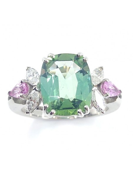Bague or, diamants, tourmaline verte et saphirs roses Comtesse - or 18 carats
