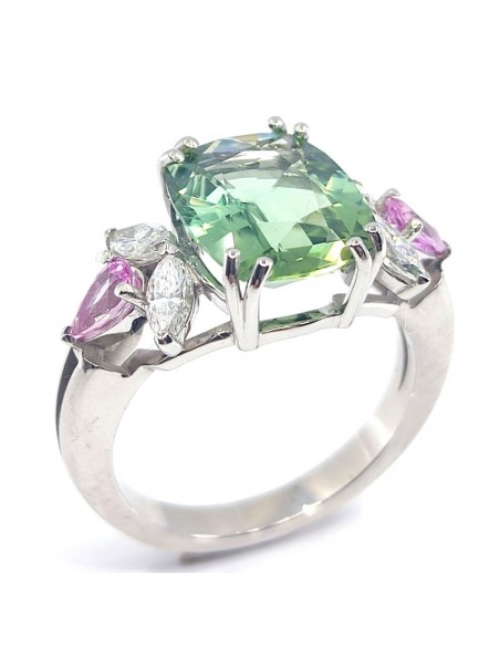 Bague or, diamants, tourmaline verte et saphirs roses Comtesse - or 18 carats